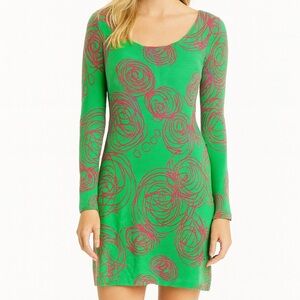 Vintage Venus Green Pink Boho Tunic Swirl Dress 70s Style Bodycon Size M